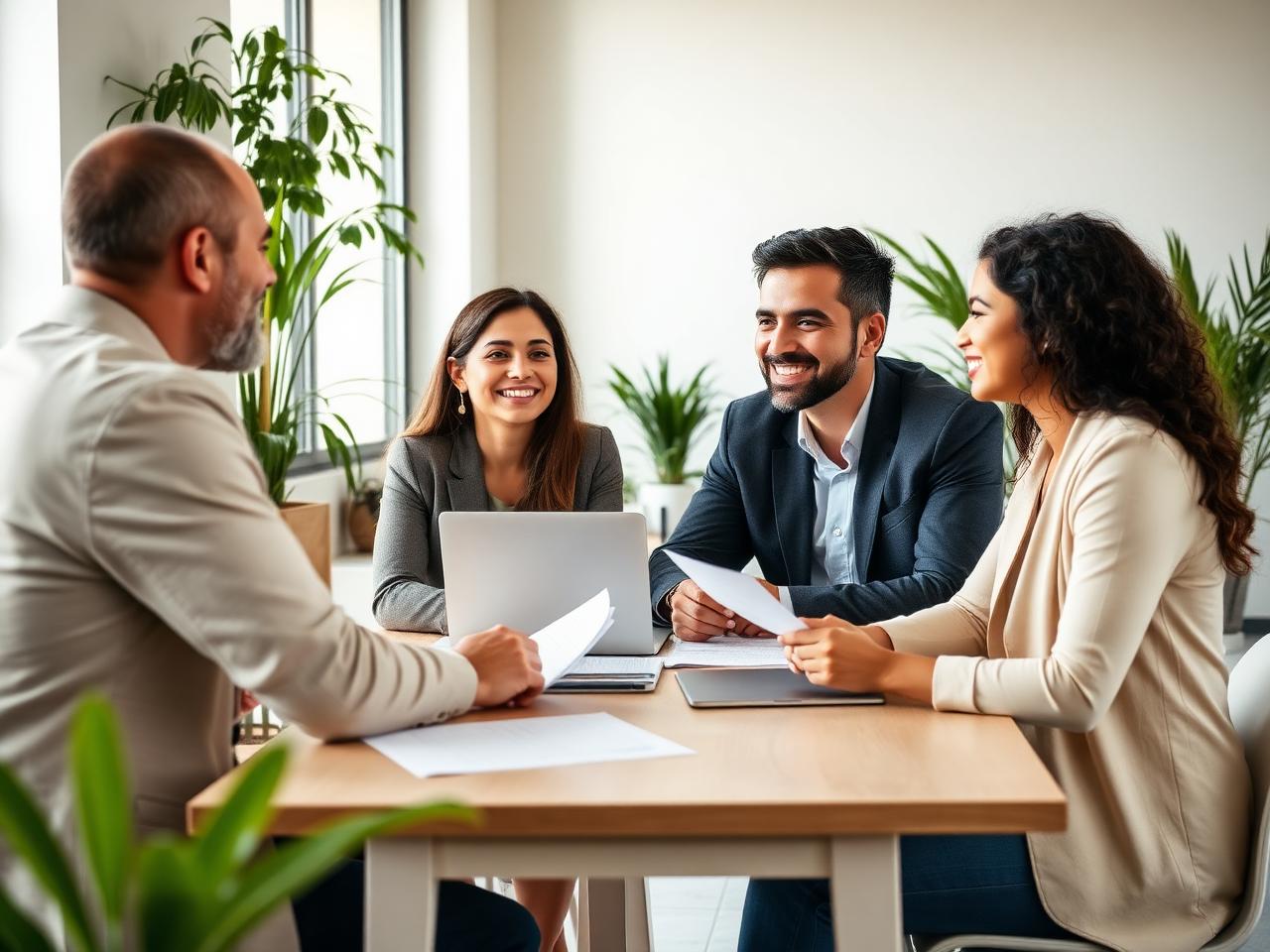 Asesores conversando con clientes sobre su inversión inmobiliaria